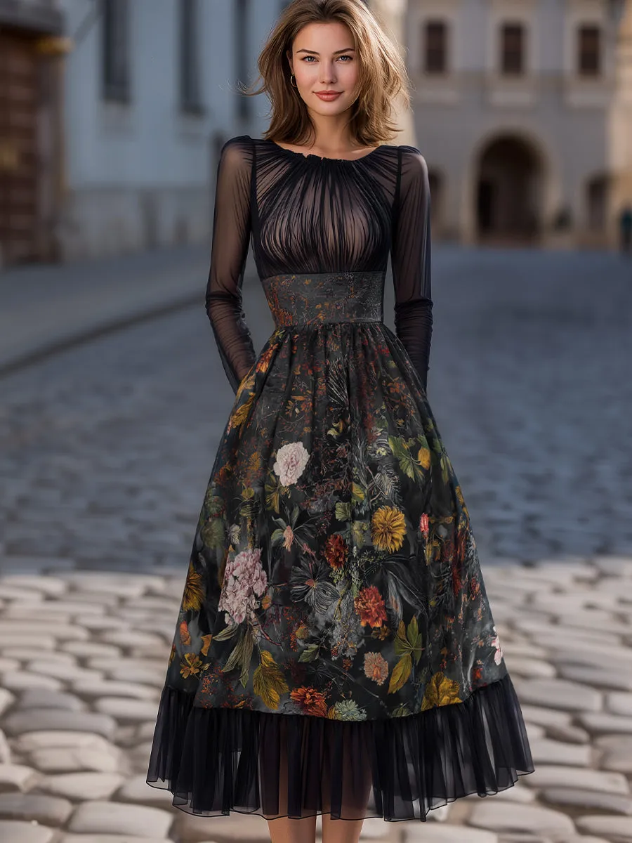 Pleated Sheer Long-Sleeve Floral Midi Dress sold by Mooyius product image thumbnail 2