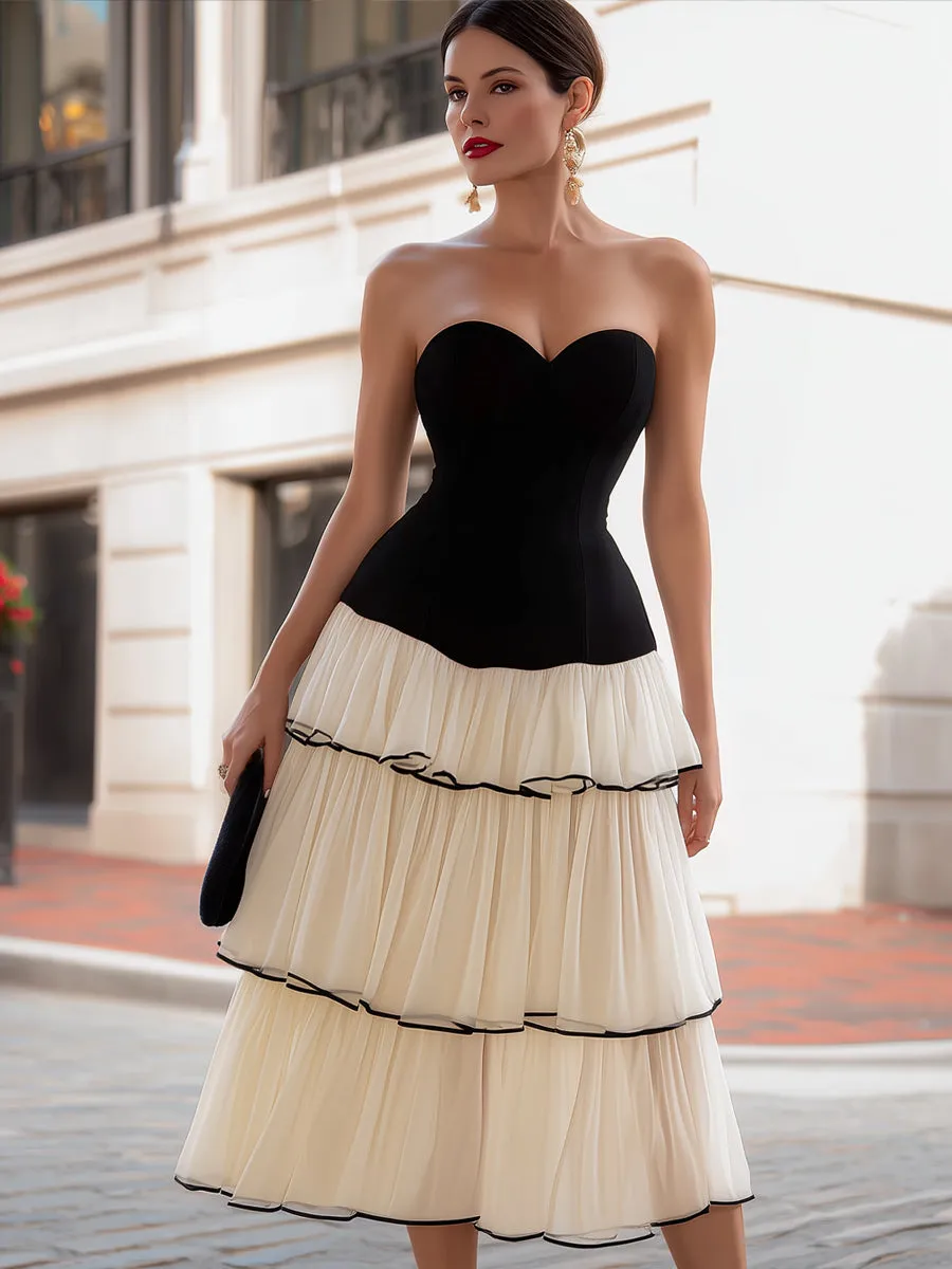 Strapless Contrast Tiered A-Line Midi Dress sold by Mooyius product image thumbnail 2