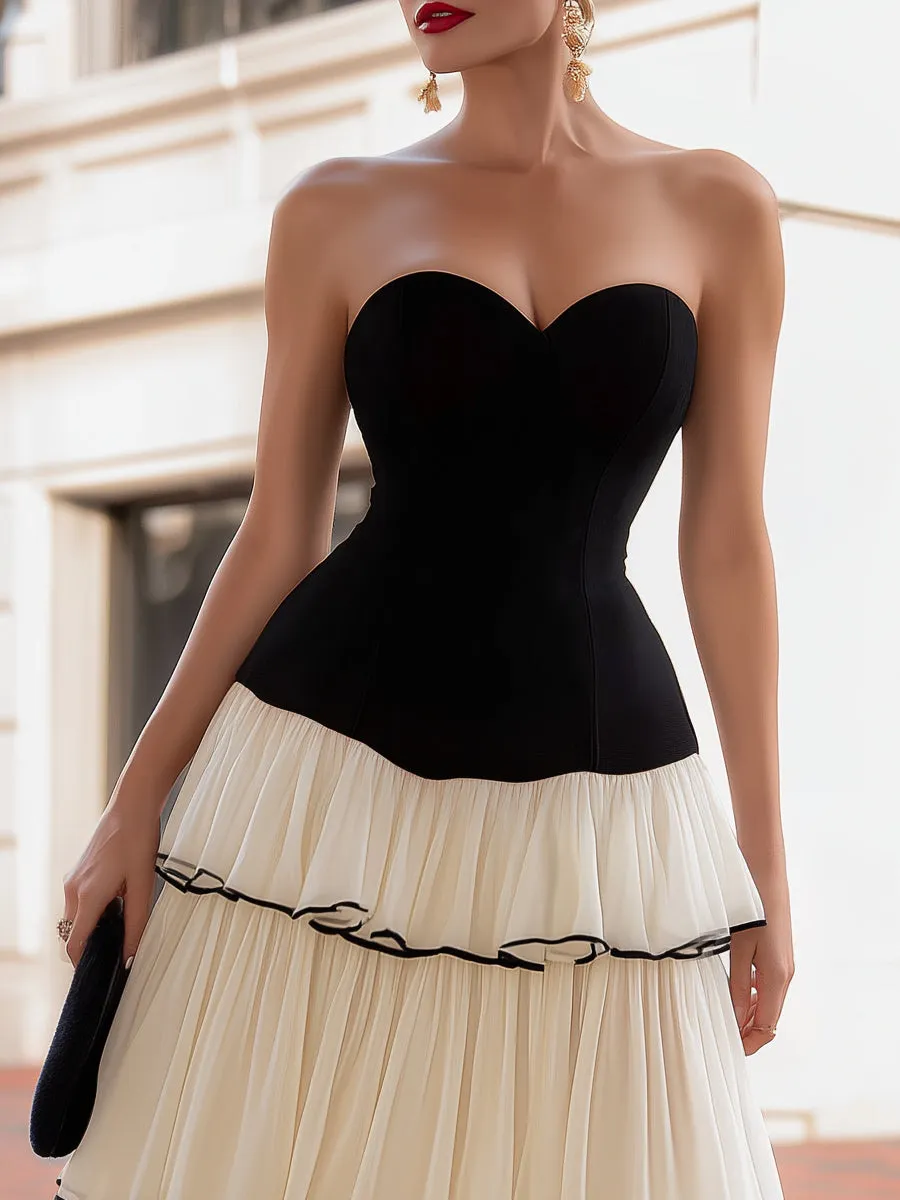 Strapless Contrast Tiered A-Line Midi Dress sold by Mooyius product image thumbnail 3