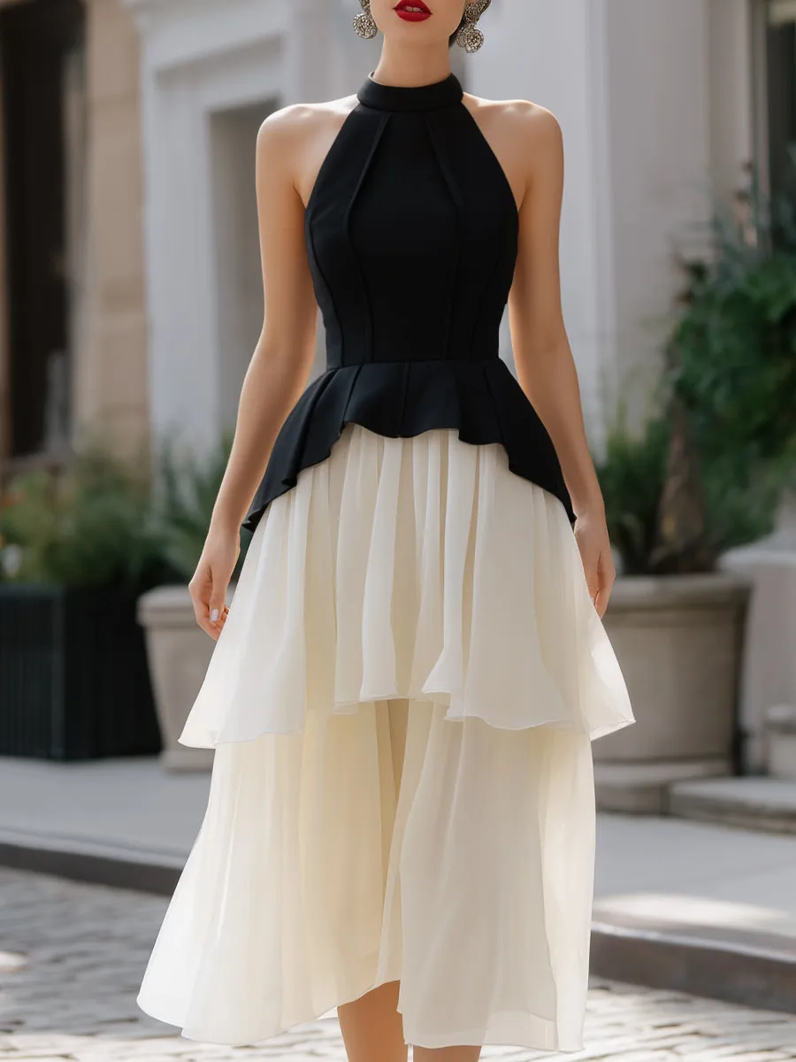 Halter Neck Peplum Layered Midi Dress sold by Mooyius