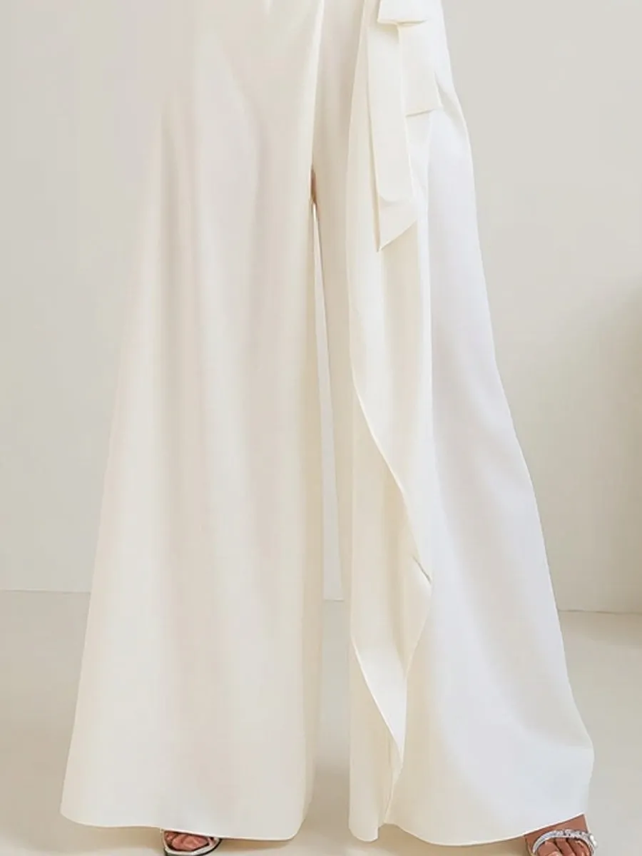 White Cross-Neck Lace Panel Wide-Leg Jumpsuit With Tie Waist sold by Mooyius product image thumbnail 3