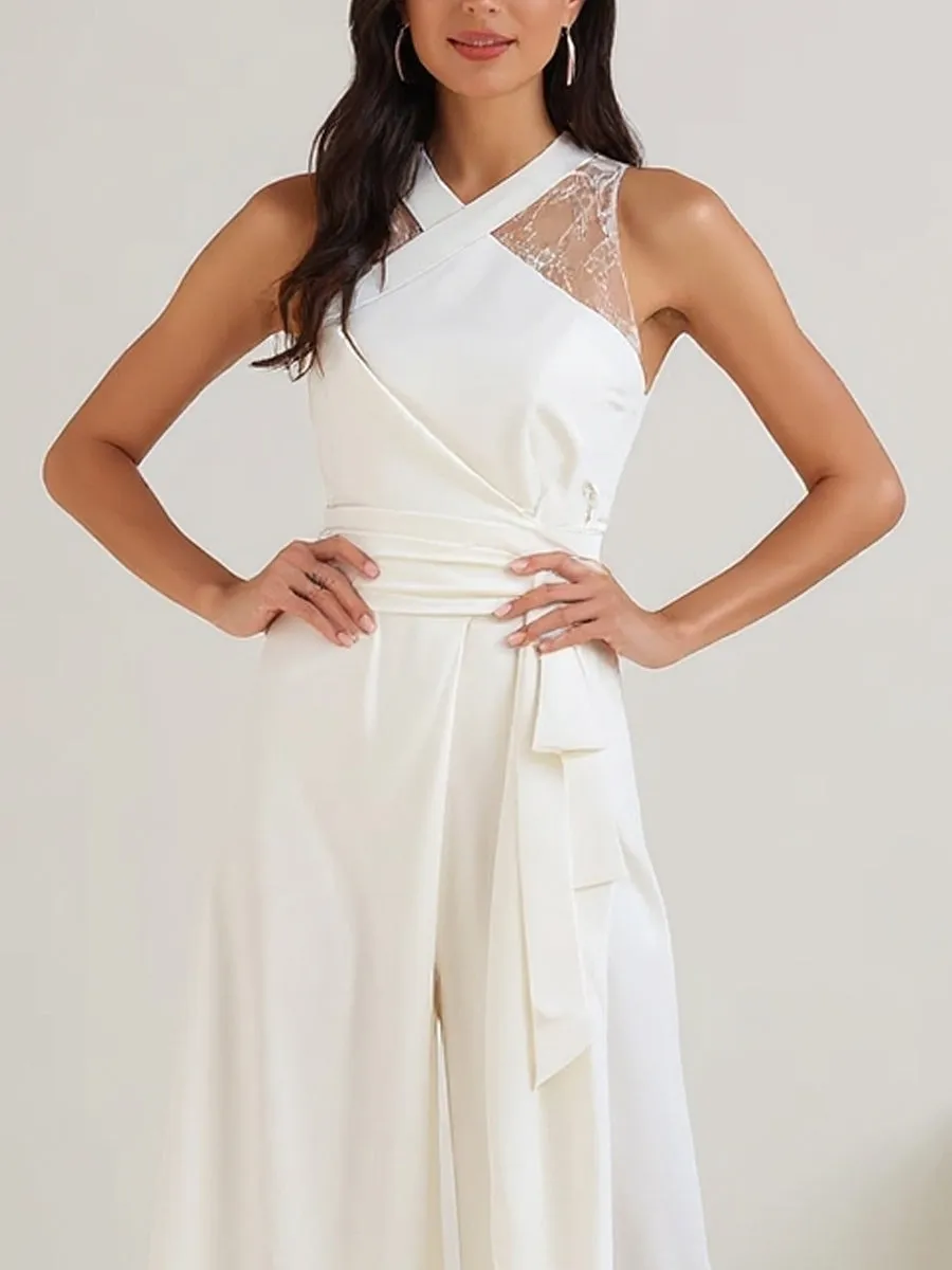 White Cross-Neck Lace Panel Wide-Leg Jumpsuit With Tie Waist sold by Mooyius product image thumbnail 2