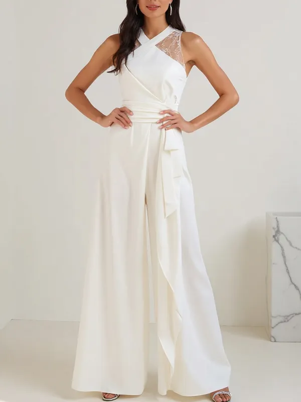 White Cross-Neck Lace Panel Wide-Leg Jumpsuit With Tie Waist made by Mooyius