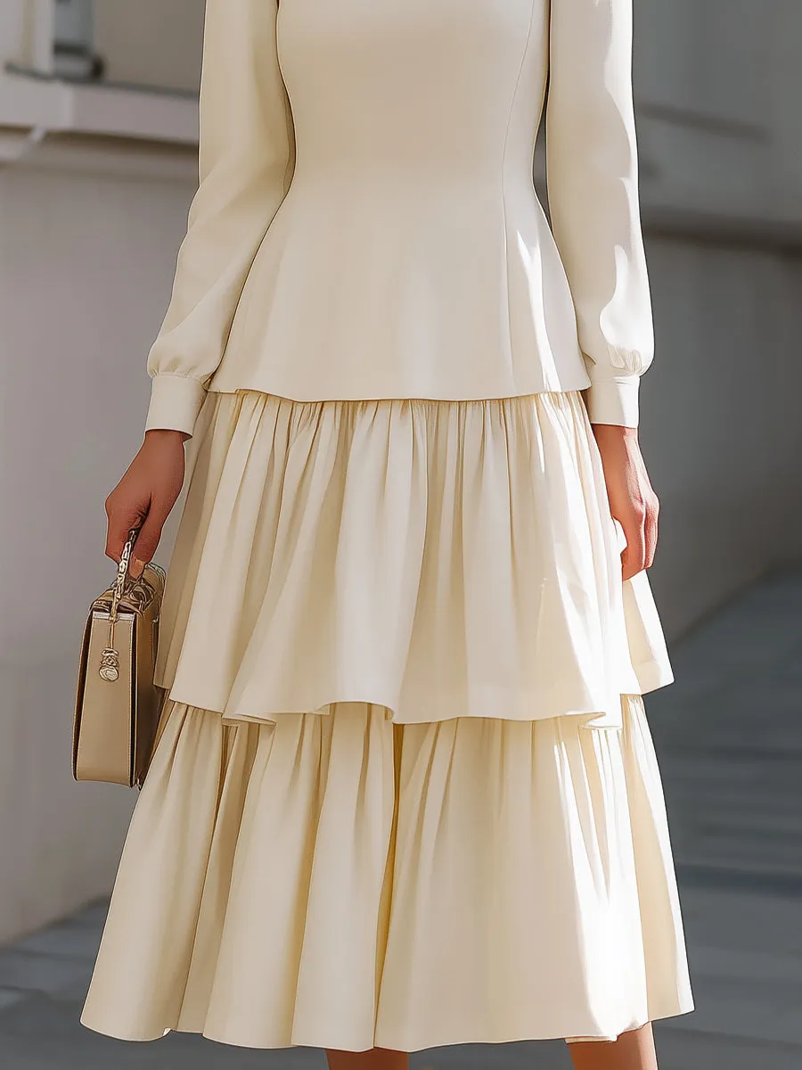 Elegant Ivory Peplum Tiered Midi Dress sold by Mooyius product image thumbnail 3