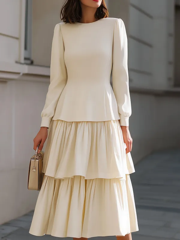 Elegant Ivory Peplum Tiered Midi Dress made by Mooyius