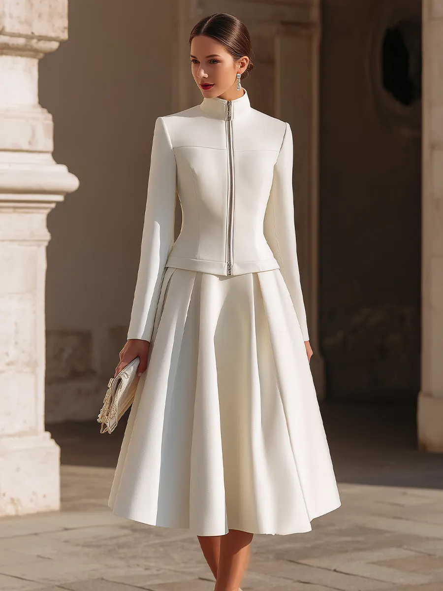 Stand Collar Zip-Up Jacket And Pleated Midi Skirt Set sold by Mooyius product image thumbnail 2