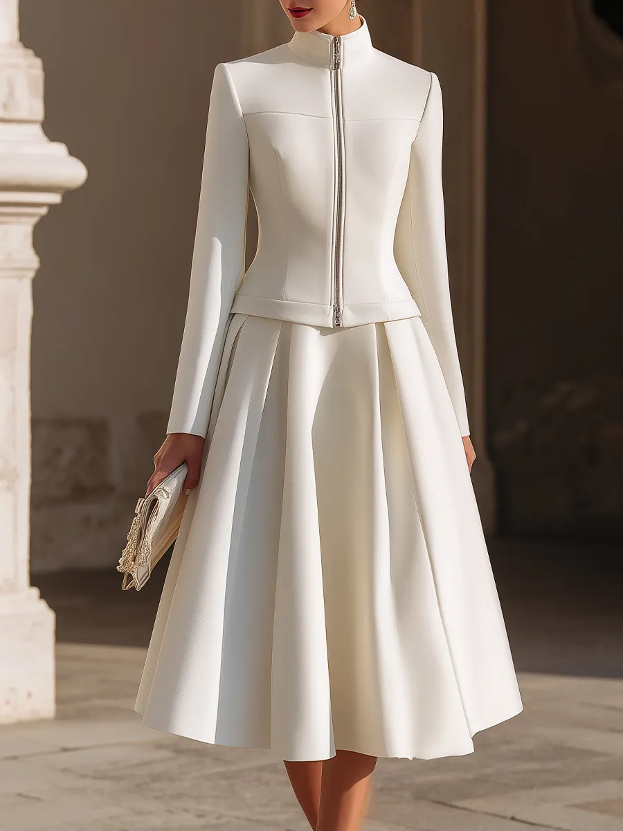 Stand Collar Zip-Up Jacket And Pleated Midi Skirt Set sold by Mooyius