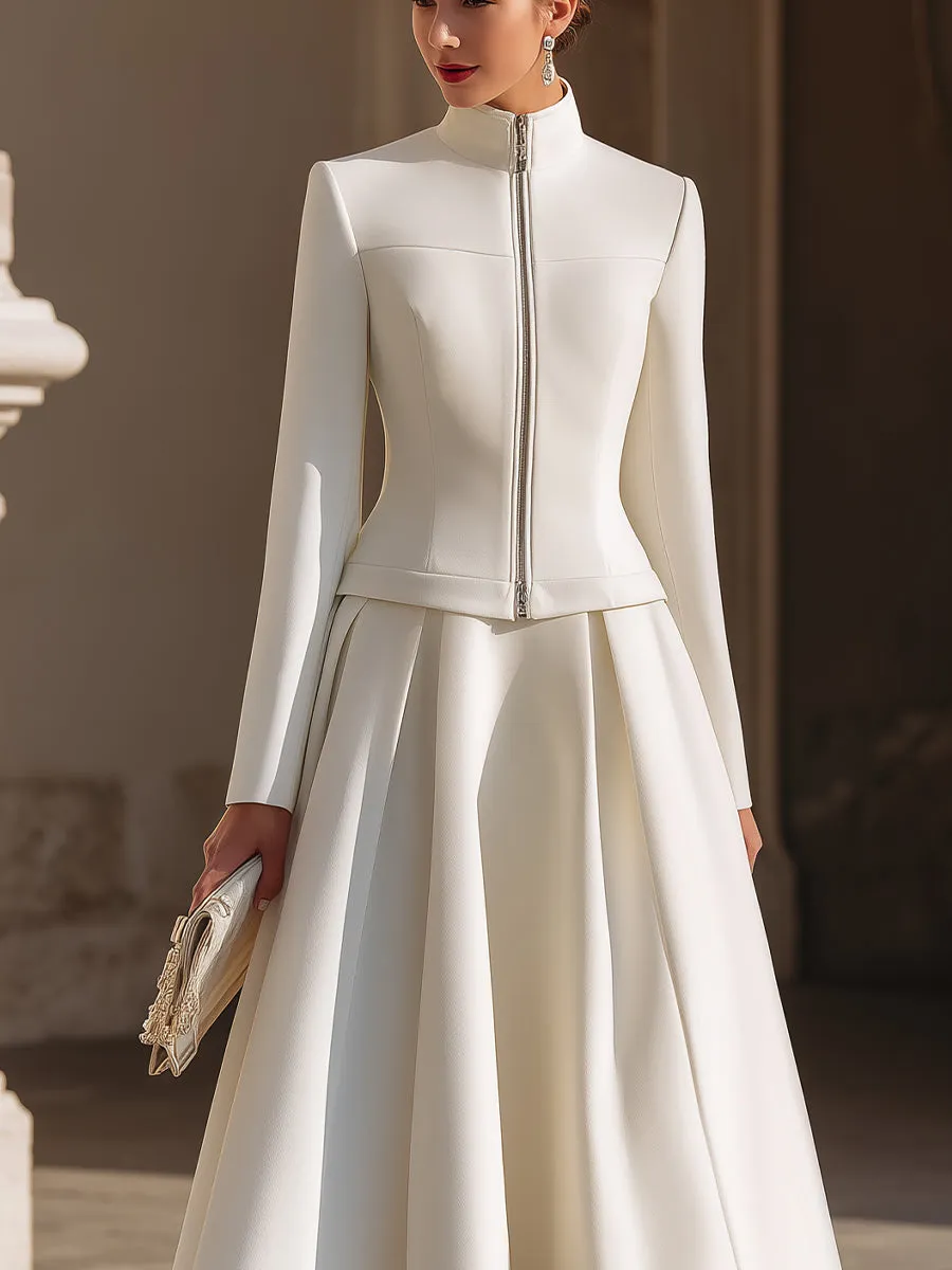 Stand Collar Zip-Up Jacket And Pleated Midi Skirt Set sold by Mooyius product image thumbnail 4