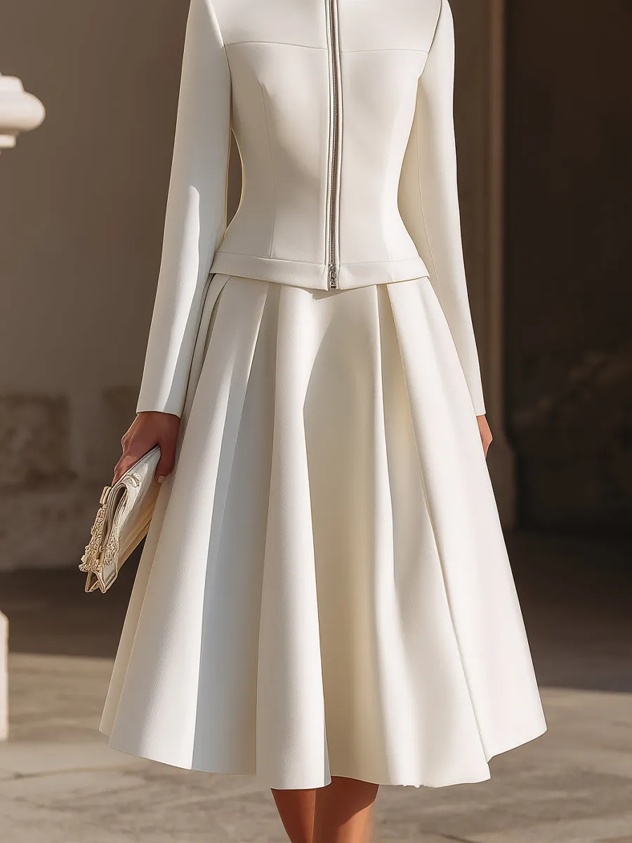 Stand Collar Zip-Up Jacket And Pleated Midi Skirt Set sold by Mooyius product image thumbnail 3