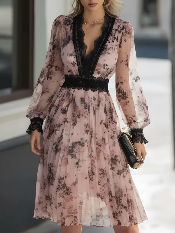 Lace-Trimmed Floral Pleated Midi Dress made by Mooyius