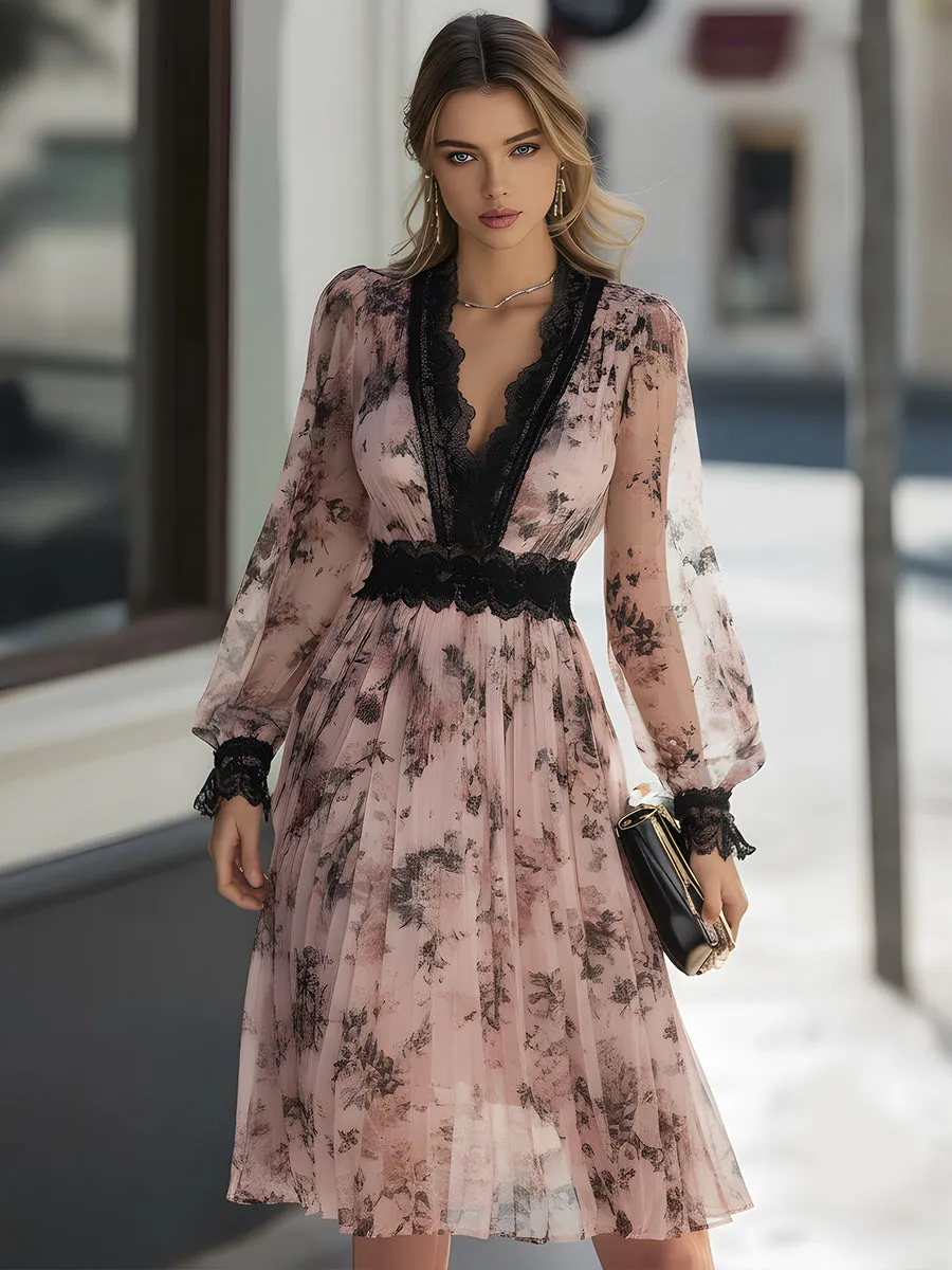 Lace-Trimmed Floral Pleated Midi Dress sold by Mooyius product image thumbnail 2