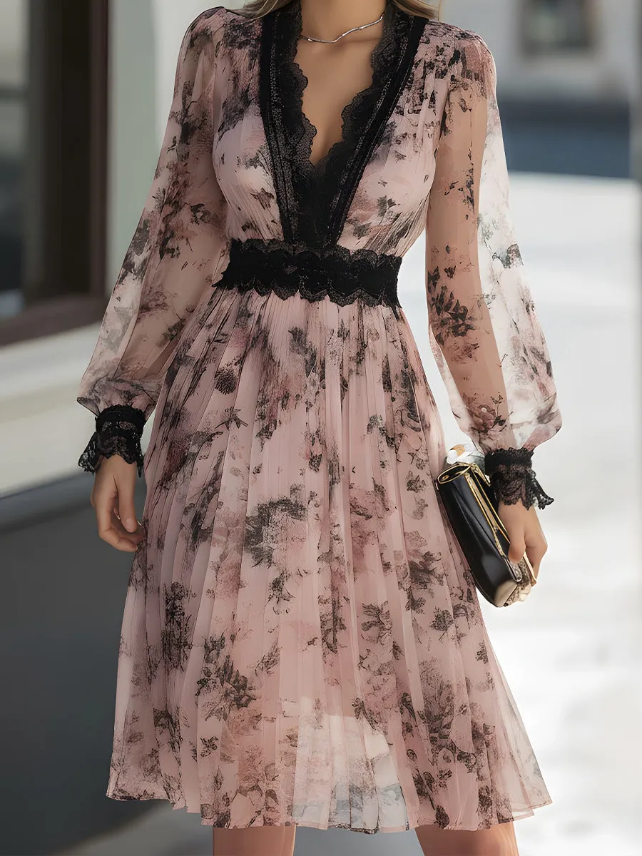 Lace-Trimmed Floral Pleated Midi Dress sold by Mooyius product image thumbnail 4