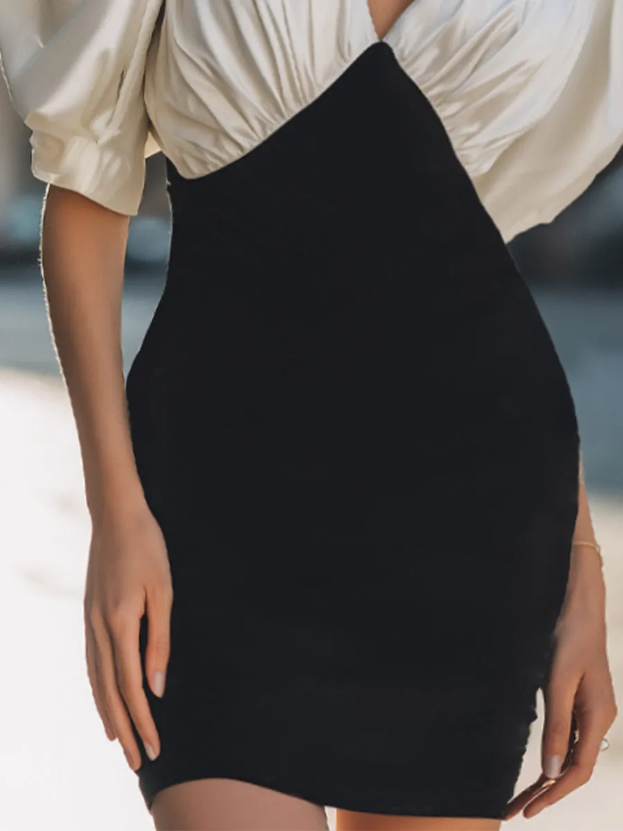Elegant Two-Tone Puff Sleeve V-Neck Bodycon Mini Dress sold by Mooyius product image thumbnail 5