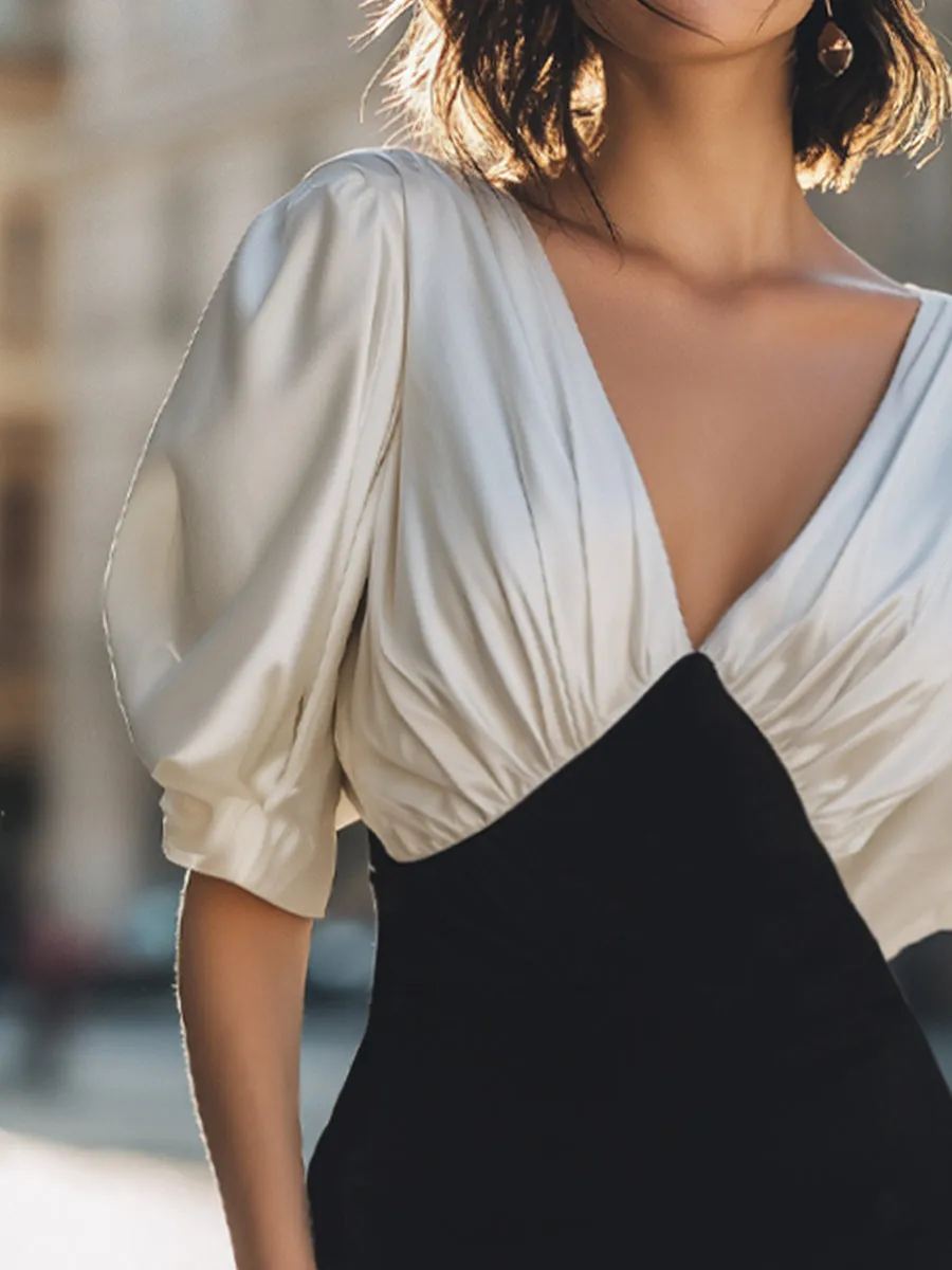 Elegant Two-Tone Puff Sleeve V-Neck Bodycon Mini Dress sold by Mooyius product image thumbnail 4