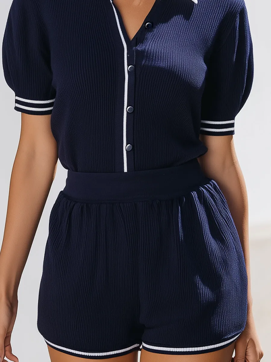 Navy Ribbed Polo Two-Piece Set – Preppy Retro Style For Effortless Casual Chic sold by Mooyius product image thumbnail 3