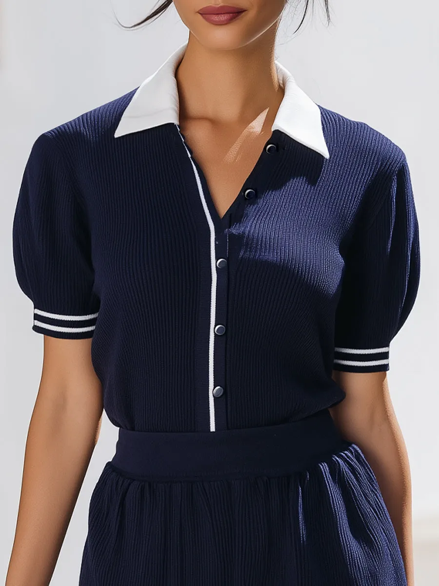 Navy Ribbed Polo Two-Piece Set – Preppy Retro Style For Effortless Casual Chic sold by Mooyius product image thumbnail 2