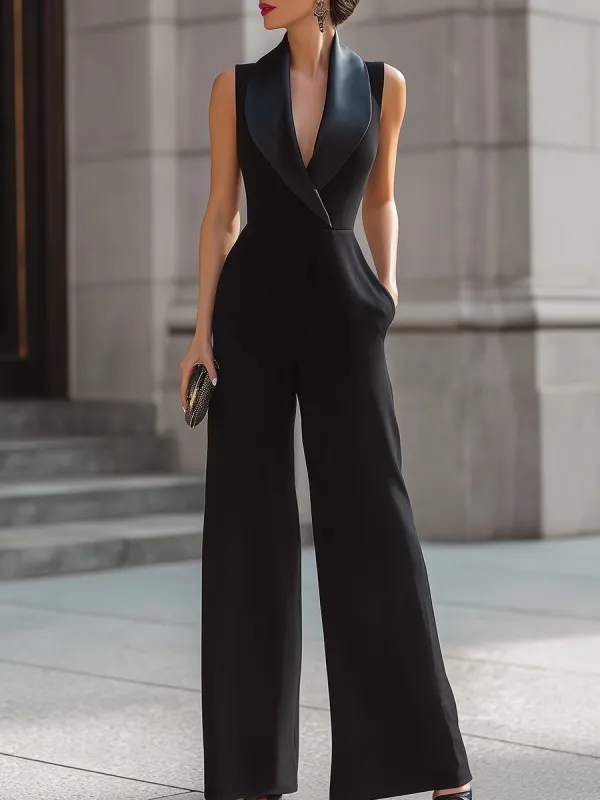 Sleek Black Tuxedo Sleeveless Wide-Leg Jumpsuit made by Something Navy