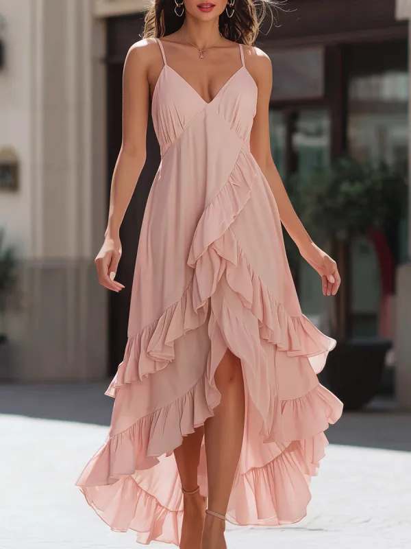 Asymmetrical Ruffle Chiffon Maxi Dress With Spaghetti Straps made by Mooyius