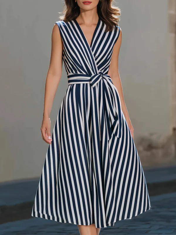 Sleeveless Wrap-Style Midi Dress With Vertical Stripe Pattern made by Mooyius