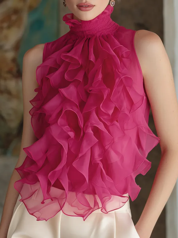 Ruffled High-Neck Sleeveless Chiffon Blouse made by Mooyius