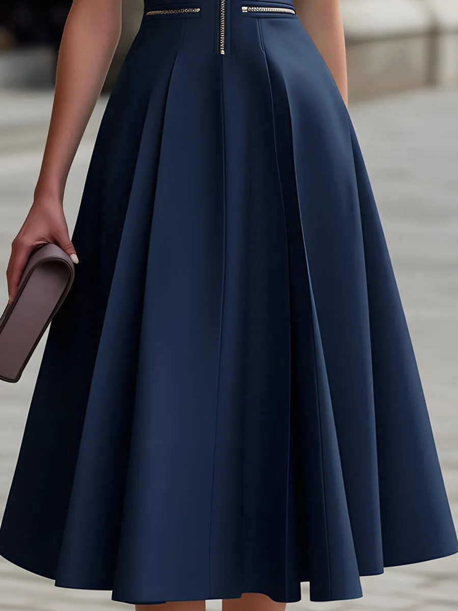 Zip-Front Short Sleeve Fit & Flare Midi Dress sold by Mooyius product image thumbnail 3