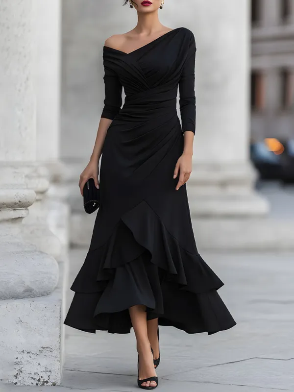 One-Shoulder Ruched Asymmetric Ruffle Hem Maxi Dress made by Mooyius