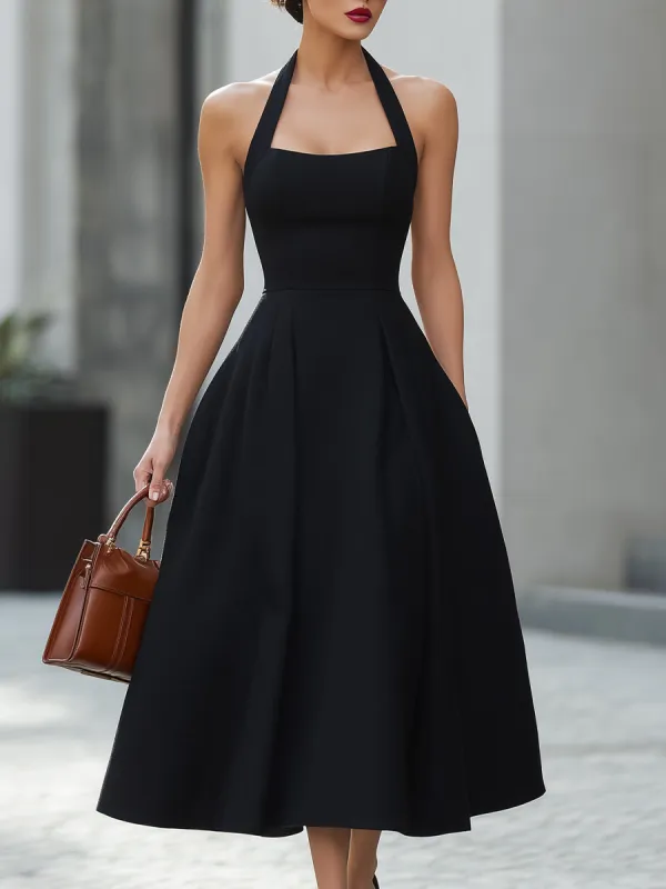 Black Halter Neck Fit-and-Flare Midi Dress made by Mooyius