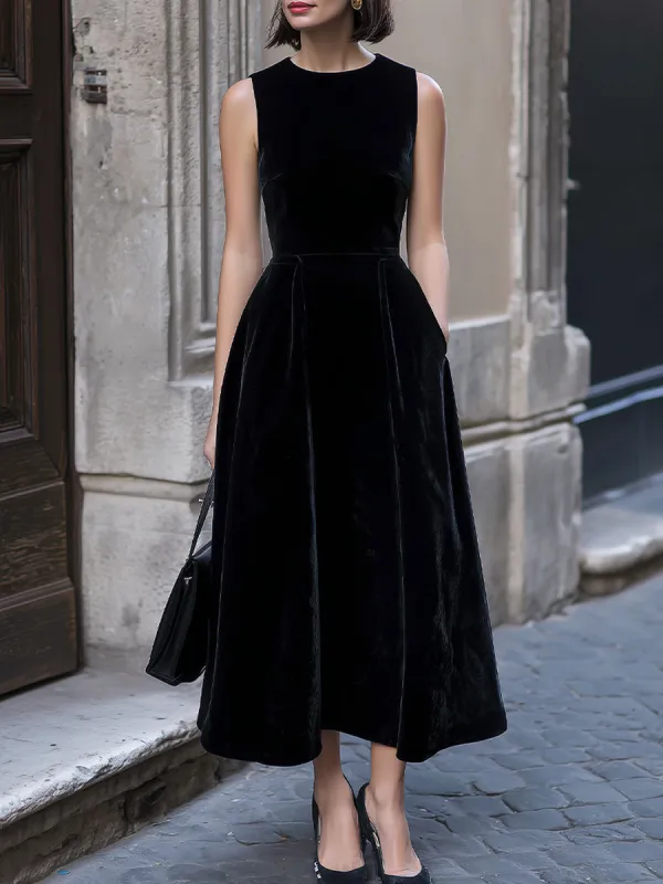 Classic Sleeveless Velvet A-Line Midi Dress With Pockets made by Mooyius