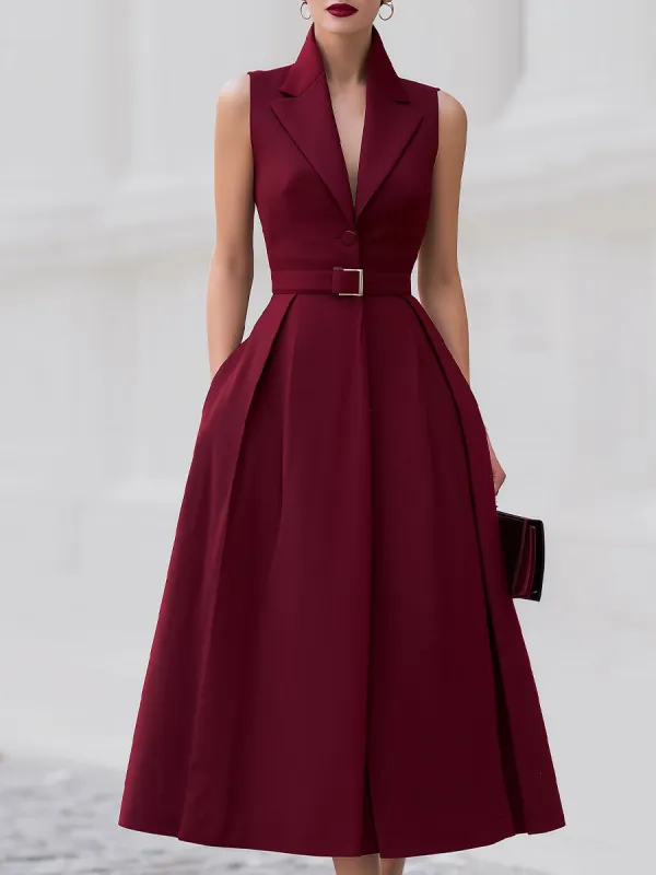 Luxe Burgundy Tailored-Collar Midi Dress made by Mooyius