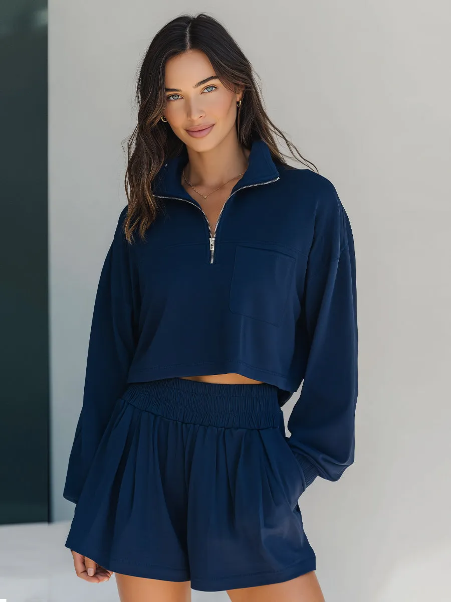Navy Cropped Half-Zip Loungewear Set sold by Mooyius product image thumbnail 2