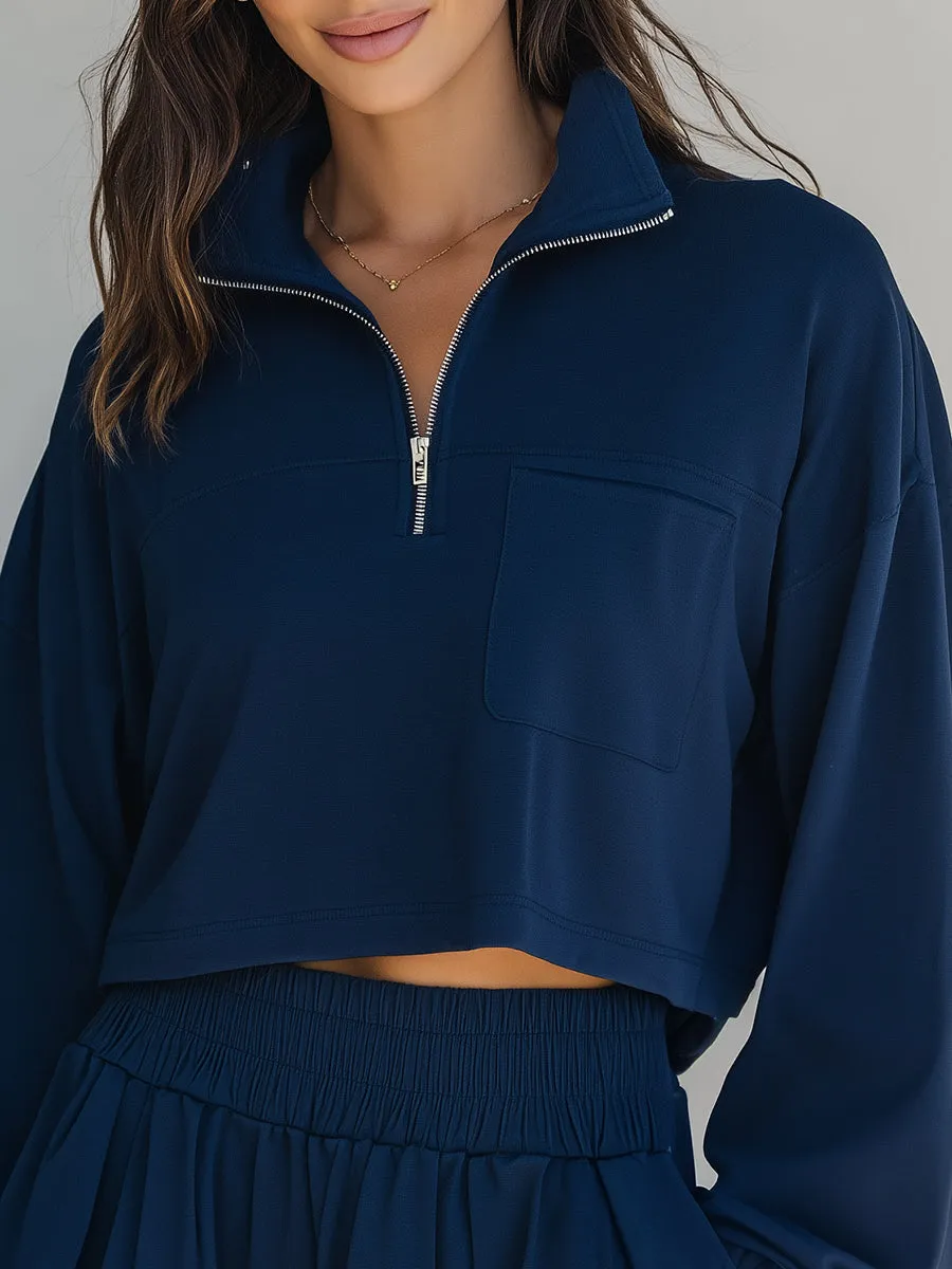 Navy Cropped Half-Zip Loungewear Set sold by Mooyius product image thumbnail 3