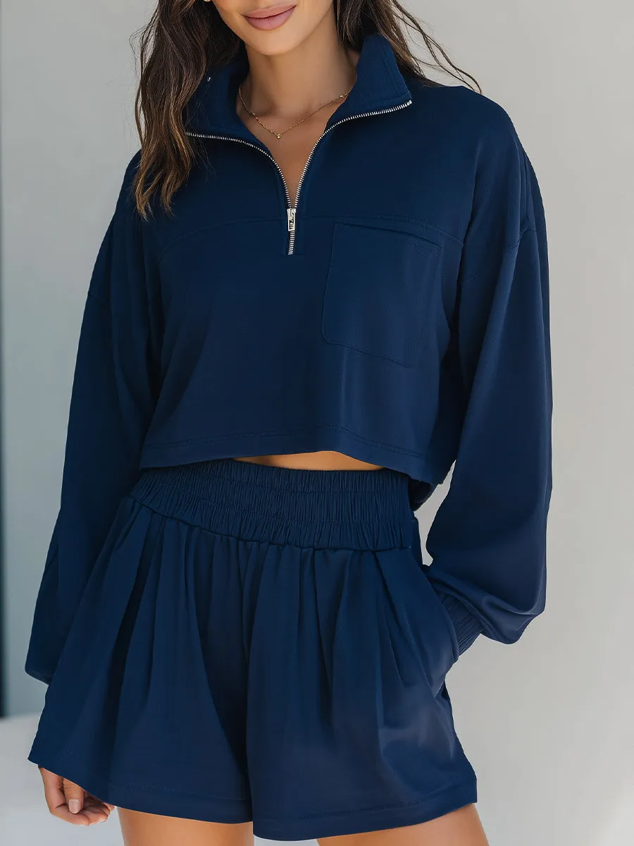 Navy Cropped Half-Zip Loungewear Set sold by Mooyius