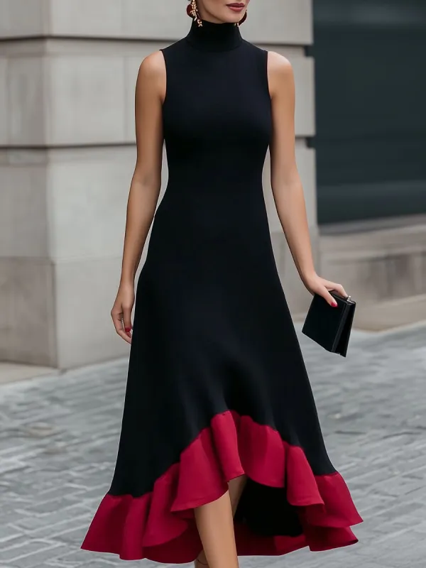 Black Midi Dress With Scarlet Ruffle Hem made by Mooyius