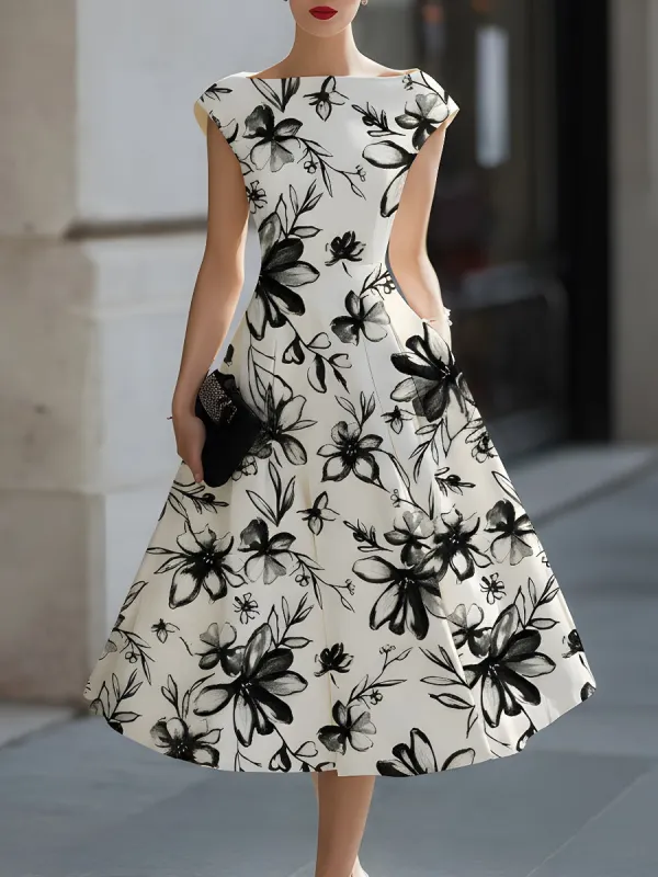 Floral Ink Print Cap Sleeve Midi Dress made by Mooyius