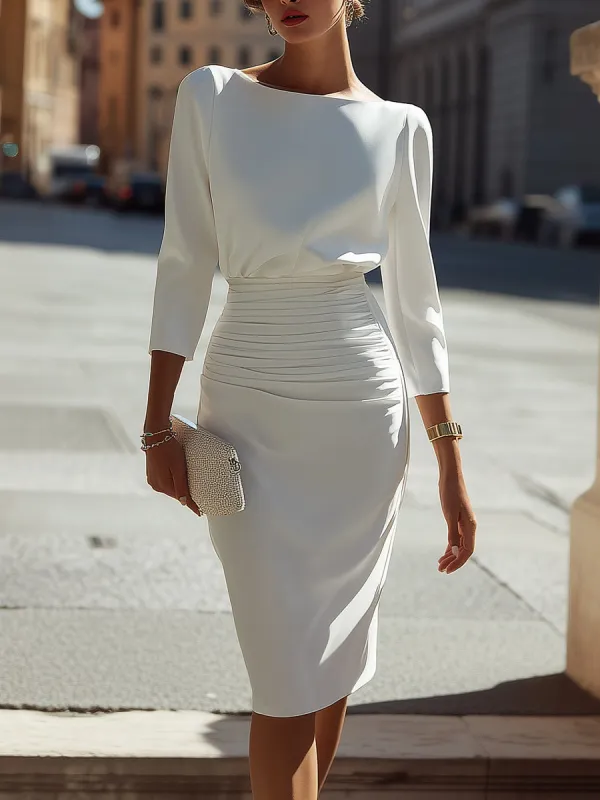 Elegant Boat Neck Ruched Waist Midi Dress made by Mooyius