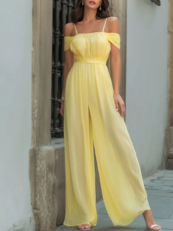 Soft Yellow Off-Shoulder Chiffon Wide-Leg Jumpsuit made by Mooyius