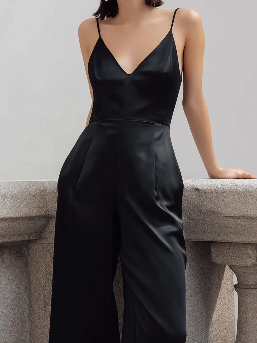 Black Satin Spaghetti-Strap Wide-Leg Jumpsuit sold by Mooyius product image thumbnail 3