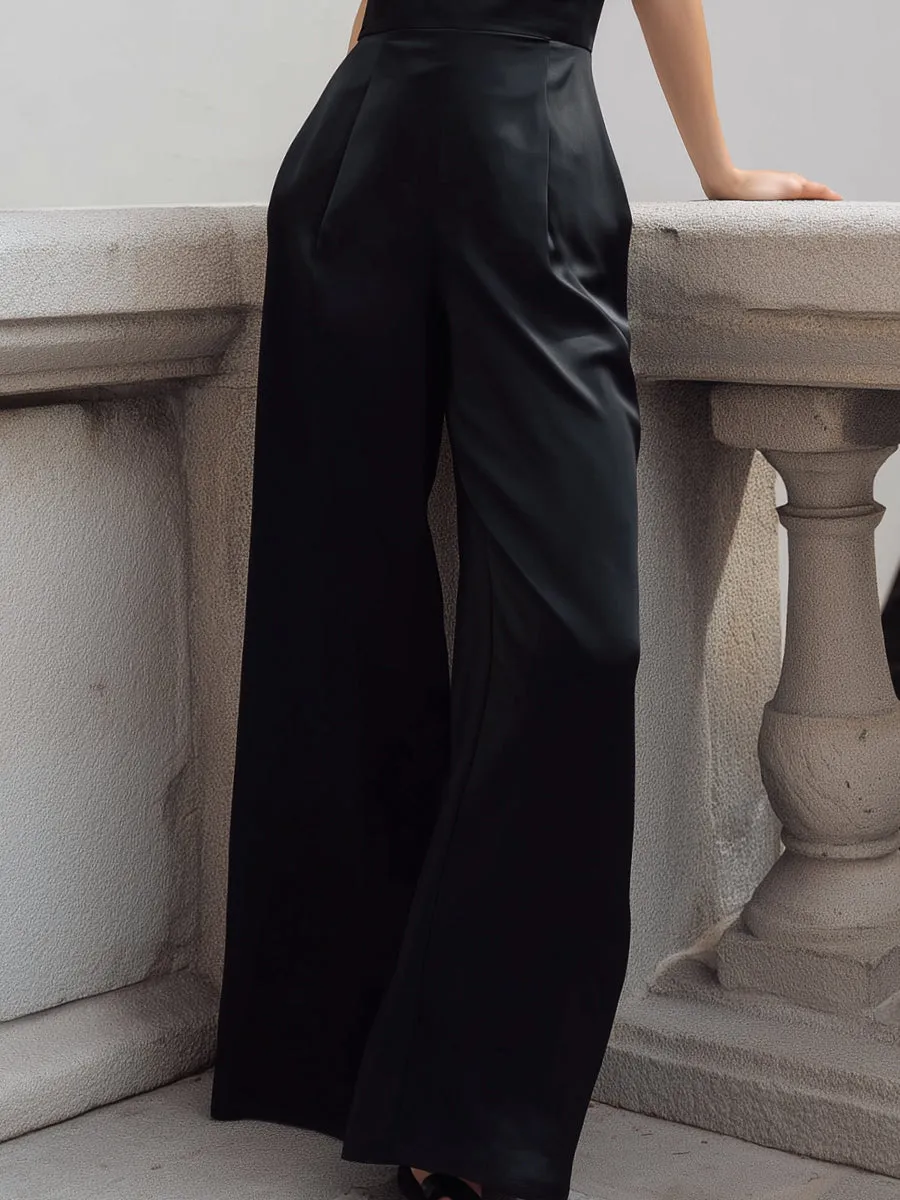 Black Satin Spaghetti-Strap Wide-Leg Jumpsuit sold by Mooyius product image thumbnail 4