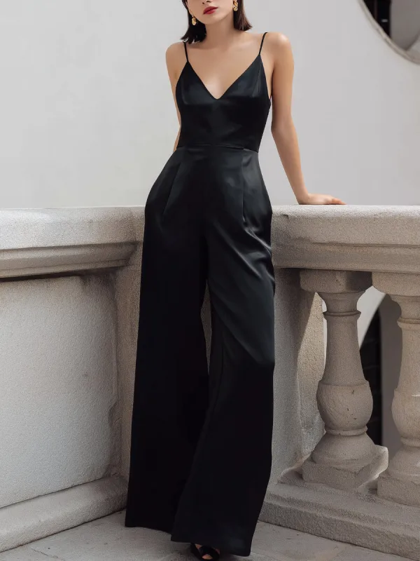 Black Satin Spaghetti-Strap Wide-Leg Jumpsuit made by Mooyius