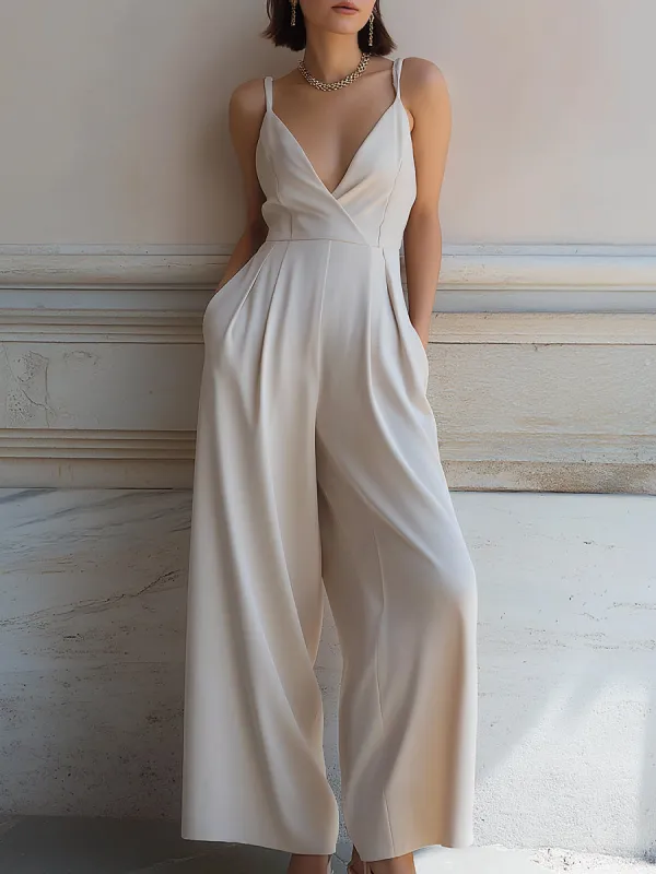 Ivory V-Neck Tailored Wide-Leg Jumpsuit made by Mooyius