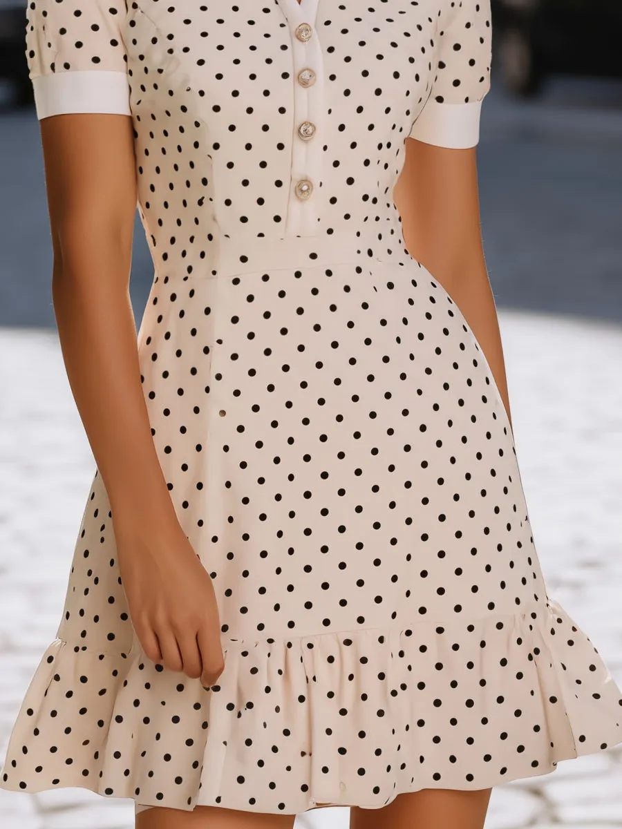 Polka Dot Collared Button-Front Ruffle Hem Dress sold by Mooyius product image thumbnail 4