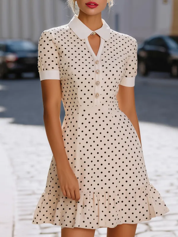 Polka Dot Collared Button-Front Ruffle Hem Dress made by Mooyius