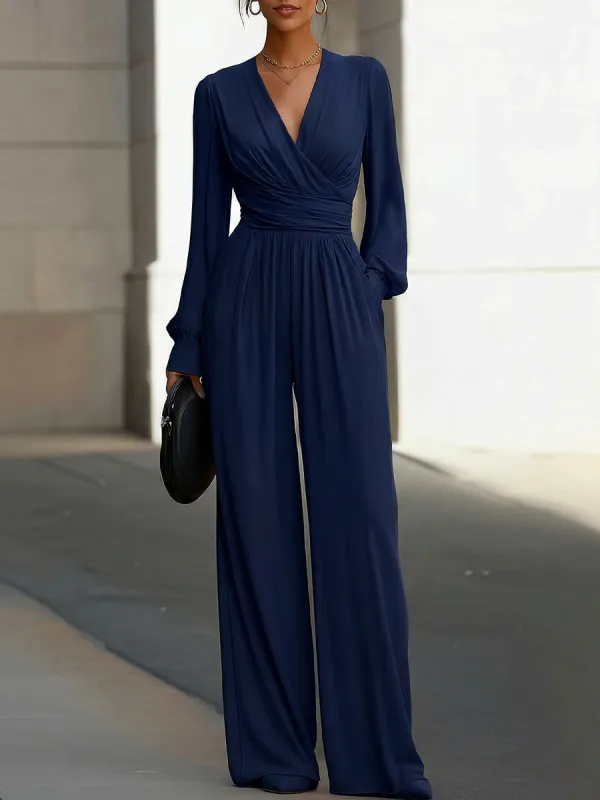 Draped V-Neck Long-Sleeve Wide-Leg Jumpsuit made by Mooyius