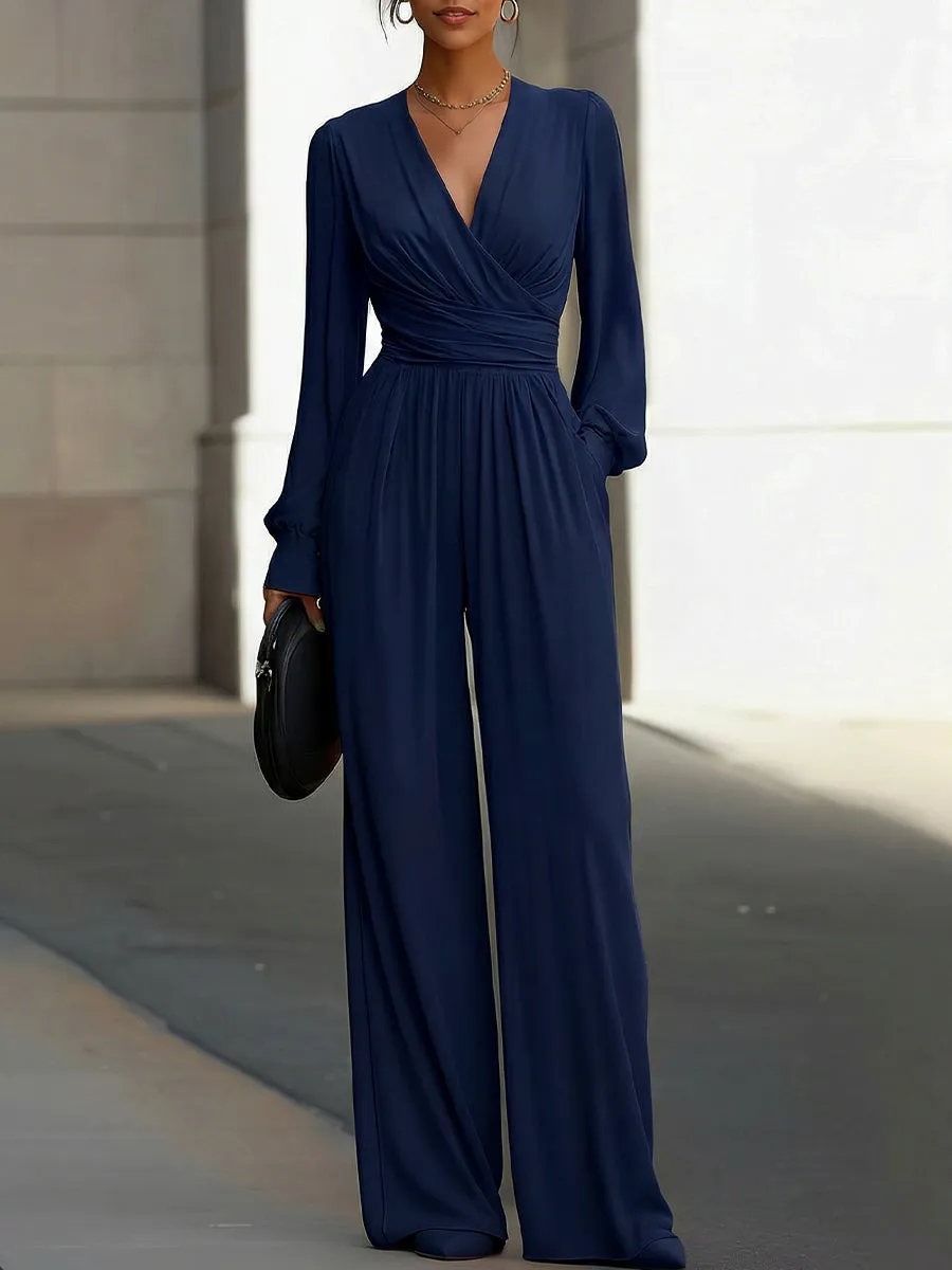Draped V-Neck Long-Sleeve Wide-Leg Jumpsuit sold by Mooyius