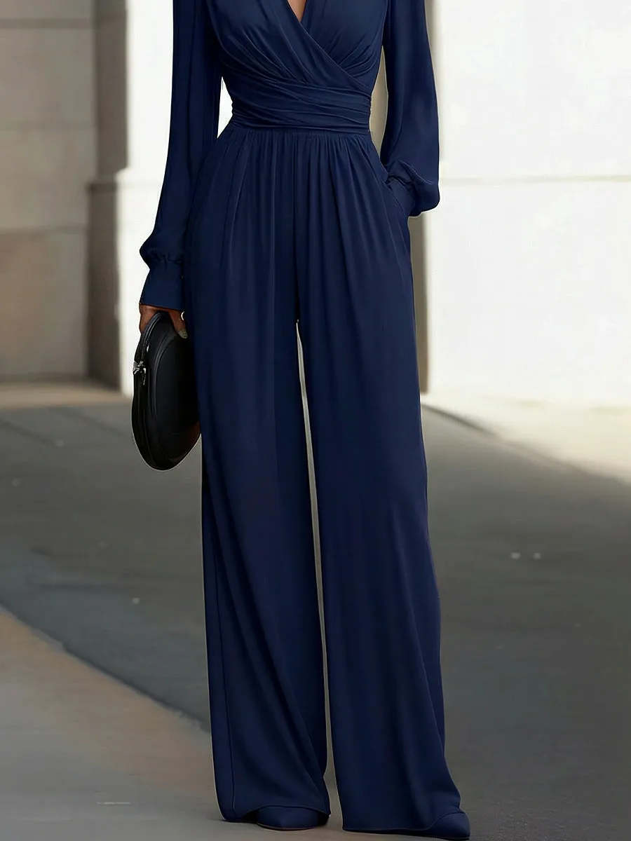 Draped V-Neck Long-Sleeve Wide-Leg Jumpsuit sold by Mooyius product image thumbnail 3