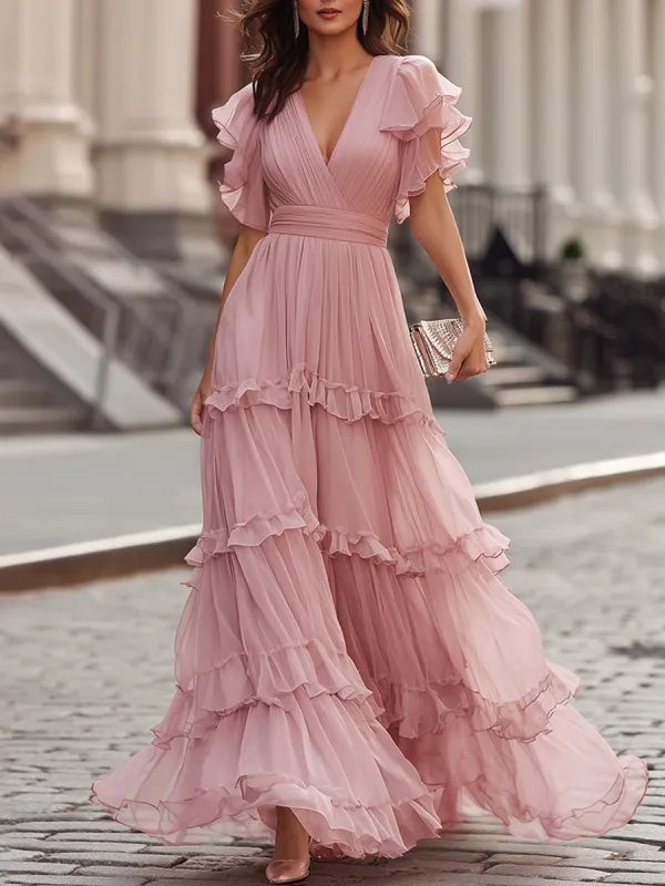 Ruffled V-Neck Tiered Maxi Dress made by Mooyius