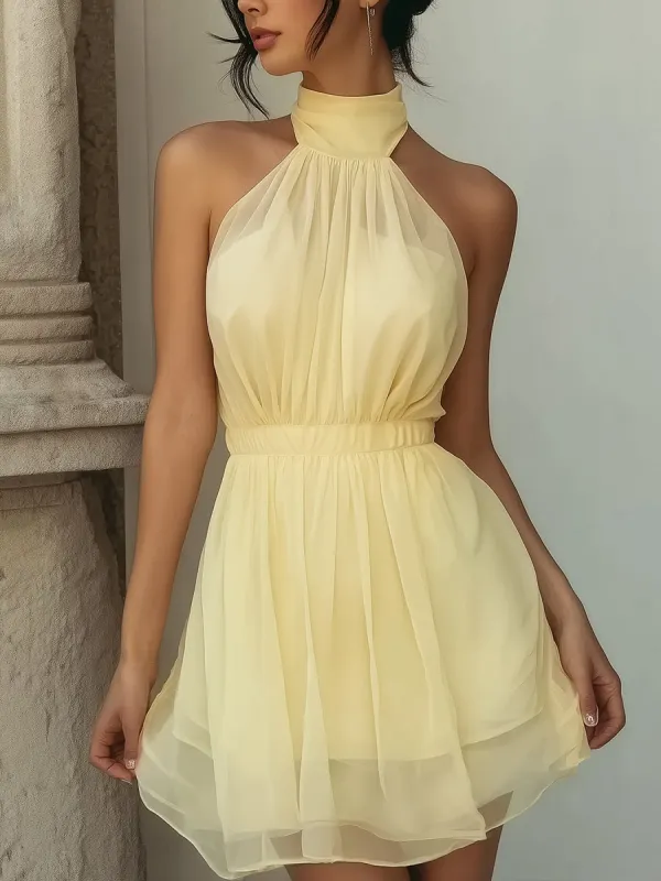 Soft Yellow Halter Neck Chiffon Mini Dress With Layered Skirt made by Mooyius