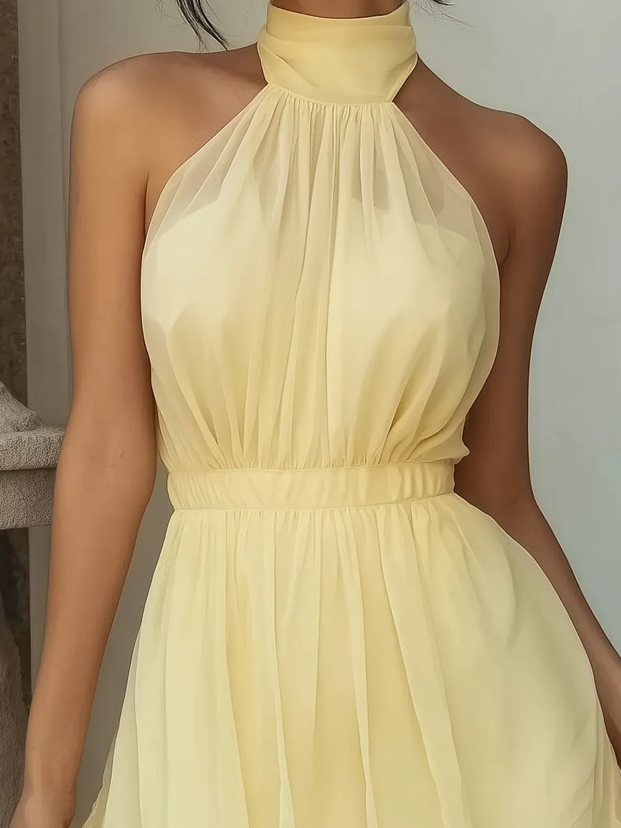 Soft Yellow Halter Neck Chiffon Mini Dress With Layered Skirt sold by Mooyius product image thumbnail 2