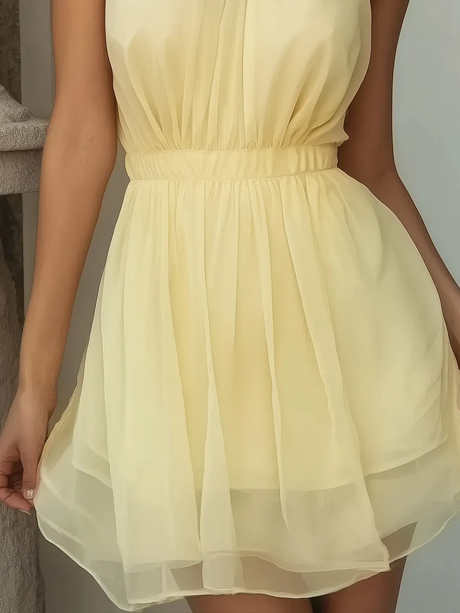 Soft Yellow Halter Neck Chiffon Mini Dress With Layered Skirt sold by Mooyius product image thumbnail 3