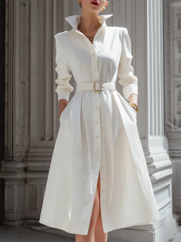 Elegant Shirt Dress With Belted Waist And High Collar made by Mooyius